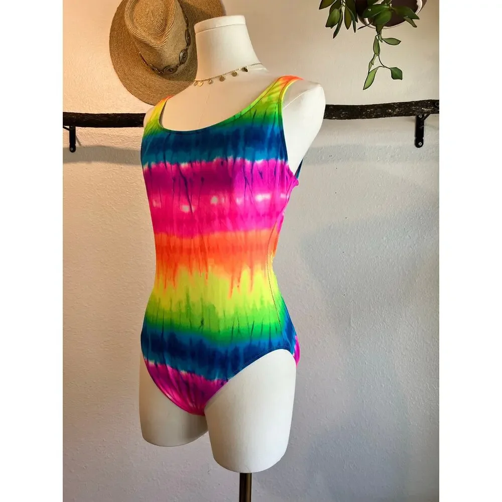 Vintage Rainbow Tie Dyed One Piece Swim Suit Size Small - Medium